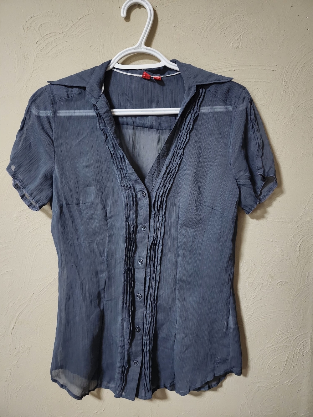 Esprit Sheer Slate Blue Pintuck Button-Front Blouse